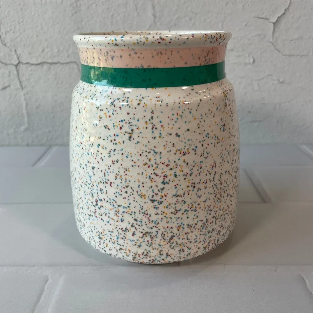 Vintage 50s Otagiri Confetti Splatter Ceramic Jar Japan Pink Teal Stripe MCM